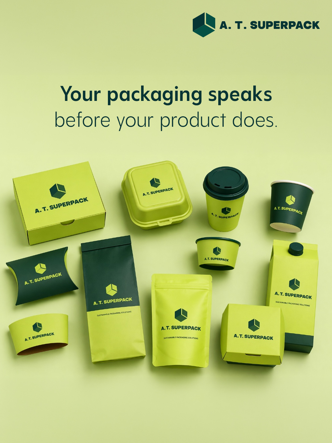 A.T. Superpack packaging in teal and lime brand colours